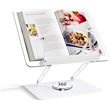 HAUTOCO Adjustable Acrylic Book Stand for Reading, 360 Rotating Base, Foldable Desktop Book Holder with Elastic Page Clips, Hands-Free Cookbook Stand for Laptop, Tablet, Recipe, Textbook, Music Score