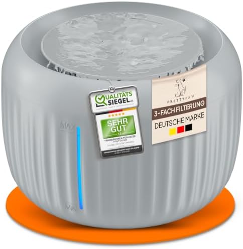 Pretty Paw Katzenbrunnen mit Leiser Pumpe, LED und Aktivkohlefilter, 2,5L | Trinkbrunnen für Katzen, BPA-freies ABS, Leicht zu reinigen, Sichtbarer Wasserstand, Für Kitten und erwa