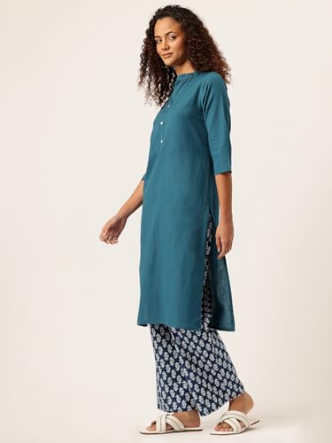 Image of feranoid Women's Plain Cotton Kurta with Mandarin Collar, 3 /4 Sleeves & Pocket