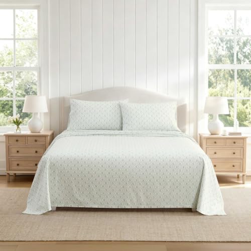 Image of Martha Stewart - Queen Sheet Set with Fitted Sheet & Pillowcases, Cotton Percale Bedding with a Smooth Feel, Deep Pocket, Costa Blue