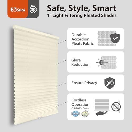 DEZ FURNISHINGS EZ Stick No Drill No Tools Cordless 1" Light Filtering Pleated Shade, 24" W x 64" H, Ecru by DEZ FURNISHINGS - Image 5