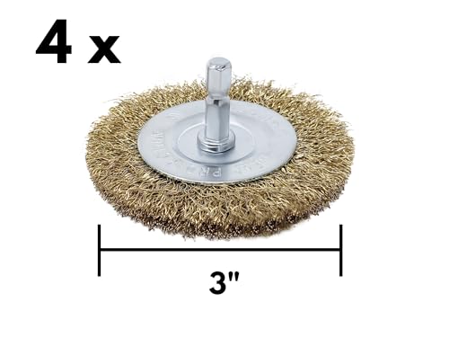 Image of LINE10 Tools 3-Inch Large Wire Wheel Brush Drill Impact Driver Attachment, Circular Round Brass Coated Steel Grill Cleaning Heavy Duty Scrubbing Paint Rust Removal Deburring Metal 1 /4-Inch Hex Shank
