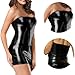 HOTSO Women Leather Lingerie Dress Tube Top Outfit Sexy Wetlook Bodysuit Faux PU One Piece Babydoll Club Mini Skirt Bodycon (Black, One Size)