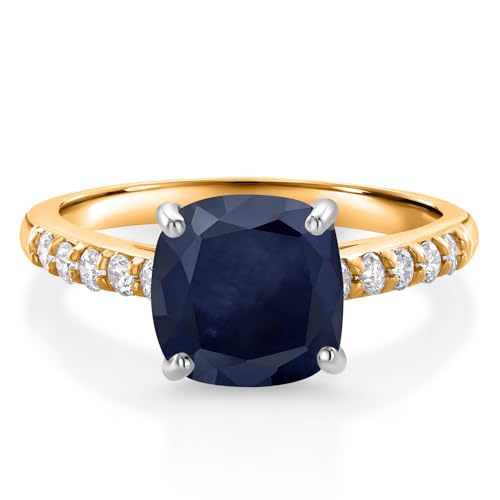 Gem Stone King 10K Yellow Gold Blue Sapphire and White Lab Grown Diamond Engagement Ring For Women (3.02 Cttw, Cushion 8MM, Gemstone September Birthstone, Available In Size 5, 6, 7, 8, 9)