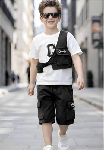 Image of Kids Boys 3-Piece Outfit Set | Half Sleeve T-Shirt, Utility Vest & Cargo Shorts with Cap | Stylish Casual Summer Clothing Set for Boys