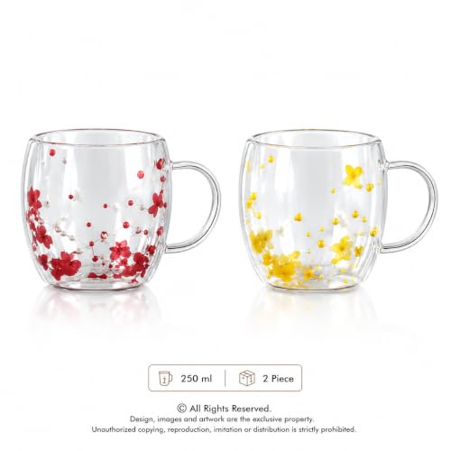 Image of KiKiluxxa 250ml Double Wall Glass Tea Coffee Mug Set of 2 | Glass Cups with Movable Decorative Flowers & Pearl Beads | Insulated Glass Mug for Tea, Coffee, Milk, Gift (Lavender Bloom+Sky Blossom)