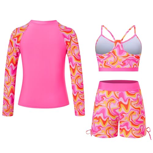 Image of Funnycokid Girls Swimsuit 3 Pieces Zip Rash Guard Bathing Suits Set Kids Bikini Boyshort Summer Swimwear 3-14 Years