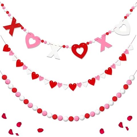 3Pcs Valentine’s Day Garland Felt Ball Garland 10ft Red Pink White Pompom Heart XOXO Banner for Valentines Day Party Decorations Mantle Fireplace Home Indoor Outdoor Hanging Decor Supplies (NO DIY) Cover