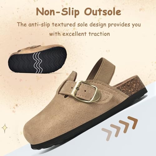 Image of Kids Suede Clogs Boys Girls Mules Cork Genuine Leather Sandals with Adjustable Buckle Slippers Potato Shoe Indoor Outdoor Slip On Slide for Big Kids