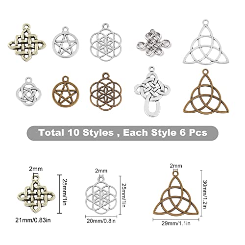 SUNNYCLUE 1 Box 60Pcs 10 Styles Celtic Knot Charms Pendants Pagan Chinese Trinity Knot Flower of Life Chakra Tibetan Style Alloy Hollow Pendants for Crafts Making Supplies Antique Silver Bronze - Image 3