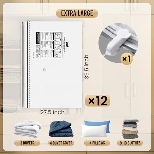 Image of TAILI 12 Pack Vacuum Storage Bags, Jumbo LONG SIDE ZIP(39x28 inch), Clear | Vacuum Seal Bags for Clothing, Space Saver for Beddings, Comforters, Blankets, Pillows