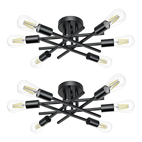 Lomoky Industrial 6-Light Semi Flush Mount Ceiling Light Fixture, Modern Matte Black Farmhouse Lighting, Rustic Sputnik Chandelier Ceiling Lamp for Kitchen Bedroom Hallway Entryway (2 Pack) Cover