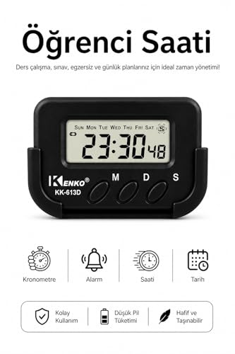 Saat; Kenko KK-613D Dijital, Kronometre ve Alarm Fonksiyonlu, Siyah, Abs Plastik, Araç İçi ve Masaüstü Kullanım, Pomodoro Timer, LCD Ekranlı