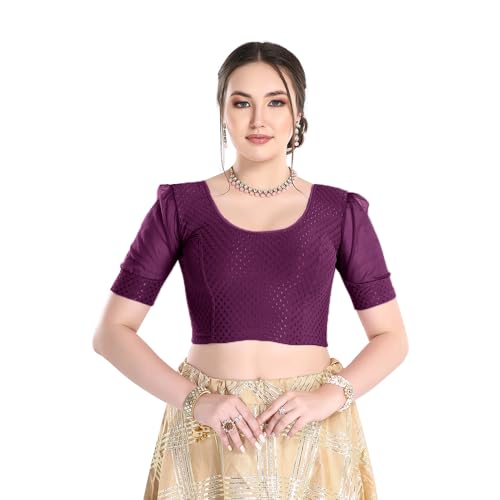 Image of FINESTFIT Stay On Trend Fashion 100% Cotton Readymade Blouses for Women,Round Neckline with Organza Balloon Sleeves.