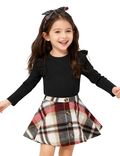 Image of AGQT Toddler Girls Fall Winter Clothes Long Sleeve Ribbed T-Shirt Knit Tops Plaid Button Mini A-line Skirts Set Outfits
