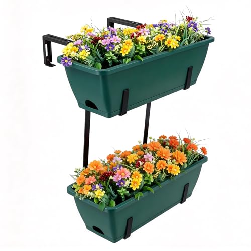 16.9 Inches Deck Railings Planter Box, 2Pcs Hanging Flower Pots, Green