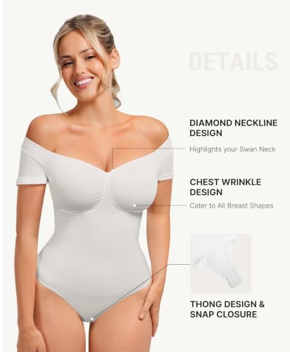 Image of FeelinGirl Short Sleeve Shapewear Bodysuit for Women V Neck Tummy Control | Sweetheart Neckline, Seamless, Going Out Tops, Thong, Plus Size, Soft