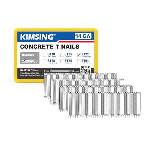 KIMSING 14 Gauge 1-1/4'' (32mm) Length Concrete Nails 800 PCS/BOX, Concrete T-Nails for Concrete Nailers Smooth Shank