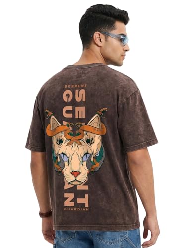 Image of Veirdo Heavy GSM Pure Cotton Men's Graphic Print Oversized Fit Half Sleeve Round Neck Cotton Acid Wash Print T-Shirt in Different Colors with Sizes ranging from S to 2XL.