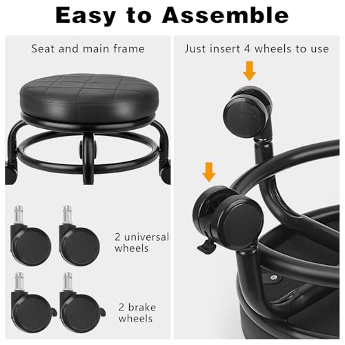 Image of Low Roller Stool Low Height Rolling Stool Seat PU Leather Small Chair Foot Stool Round Rolling Stools for Home Office Garage Shop (Black)