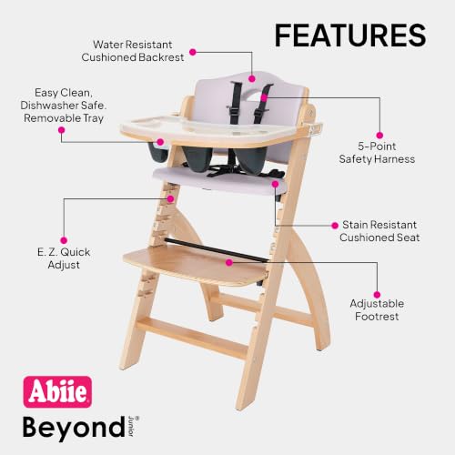 Image of Abiie Beyond Junior Wooden High Chair for Babies and Toddlers - Convertible 3-in-1 Baby Highchair with Removable Tray - 6 Months to 250 Lb - Water Resistant - Natural Wood with Lilac Cushion