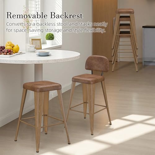 Image of 24 Inch Metal Bar stools Set of 4, Upholstered Counter Height Bar Stools with Removable Back & Metal Legs, Industrial Barstools for Kitchen Island, Cafe (Camel Seat, Wood-Grain Legs)