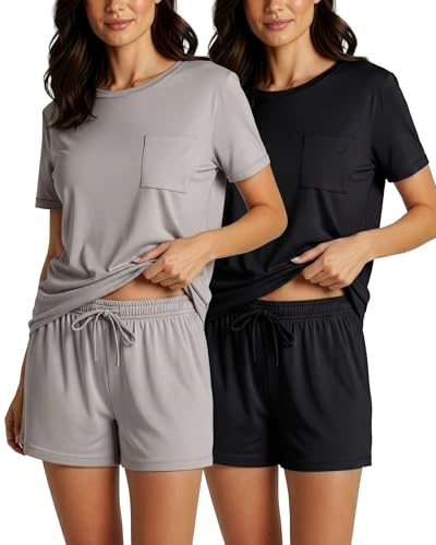 Image of Real Essentials 2 Pack: Women's Short Sleeve Pajama Short Set - Comfy Lightweight Soft Lounge Sleepwear (Plus