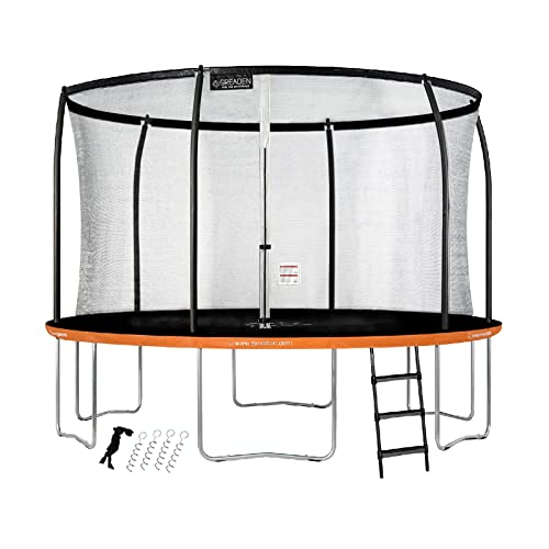 GREADEN Trampolin TÜV SÜD GS Zertifiziert, Rundes Gartentrampolin Ø 250 / 305 / 360 / 430cm, Kindertrampolin Komplettset mit Sprungmatte Sicherheitsnetz + Leiter + Bodenanker Set (Orange, Ø 430cm) Cover