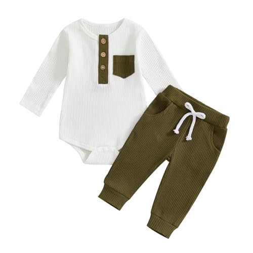 Image of fhutpw Baby Boy Clothes 3 6 12 18 Months Ribbed Knitted Long Sleeve Romper and Pants Sets Newborn Fall Splicing Color Outfits