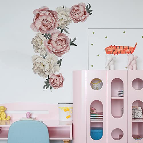 Flowers Wall Decals Floral Wall Stickers Peel And Stick Pink Peonies Wall Murals Rose Flower Wall Decor For Bedroom Girls Room Living Room Nursery #TOP2