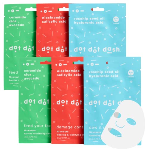 Dot Dot Dash Variety Pack Face Mask - Includes Salicylic Acid Cleanser Mask With Niacinamide, Hydrating Face Mask Infused With Hyaluronic Acid And Rosehip Oil, And Ceramide Serum With Cica Nourishing Mask - (6 Count) #TOP5