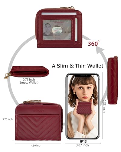 Image of Small Bifold Wallets Woman RFID Mini Wallet for Women Slim Card Holder with Zipper Coin Pocket & 2 ID Windows (Burgundy)