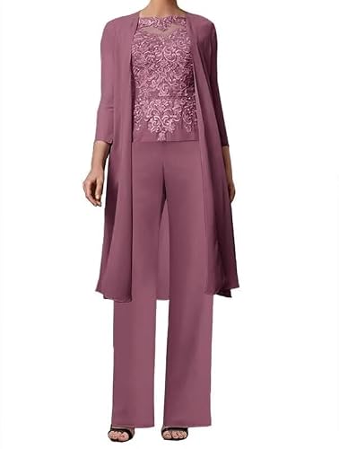 3 Pieces Mother of The Bride Pant Suits with Jackets Sequin Lace Long Sleeve Dressy Chiffon Wedding Formal Outfit MJ004 16 Desert Rose