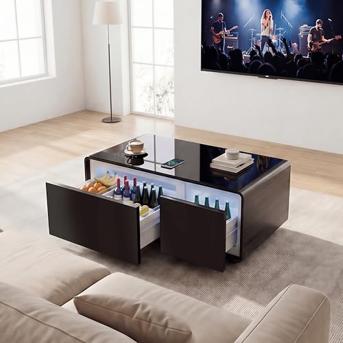 LIVTAB Smart Coffee Table Living Room Table with Built in Fridge 23 D x 41.5 W x 18.2 H 15W Wireless Charging USB Chargers and Speakers (Brown)
