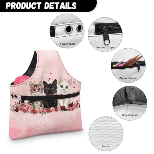 Image of KUIFORTI Kitten Knitting Yarn Bag Valentines Day Rose Crochet Bags for Women Knitting Needles, Yarns and Unfinshed Project, Crochet Hook Organizer Holiday Decoration