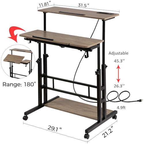 Image of Hadulcet Rolling Stand Up Desk Adjustable Height - Portable Standing Desk with Wheels & Charging Station, Mobile Laptop Desk Small Standing Desk Drawing Table, Grey