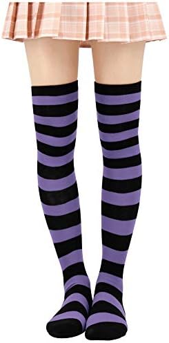 DAZCOS Striped Thigh High Socks Elastic Over The Knee Knit Stockings for Daily or Anime Cosplay (Purple+black)