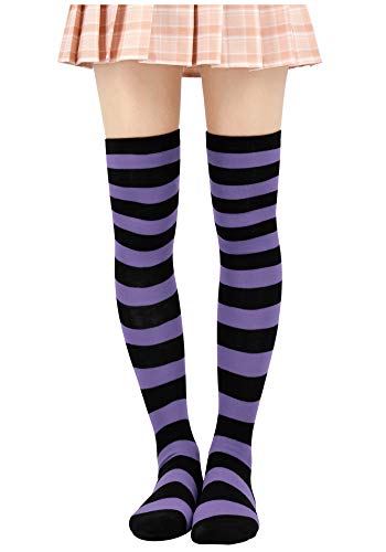 Dazcos Striped Thigh High Socks Elastic Over The Knee Knit Stockings For Daily Or Anime Cosplay (Purple+Black) #TOP2
