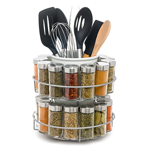 Everyday Solutions Revolving Filled Spice Rack & Stoneware Tool Jug - Spinning Storage Crock W/Cooking Utensils & Seasonings - Countertop Organizer - Dishwasher Safe - Ceramic & Chrome - 33 Piece Set #TOP4