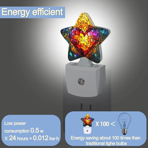 Image of Love Heart Stained Glass Night Lights Plug Into Wall,Abstract Star Night Light for Kids,Nightlight with Dusk to Dawn Smart Sensor for Bedroom Bathroom Decor,Children Women Men Gift