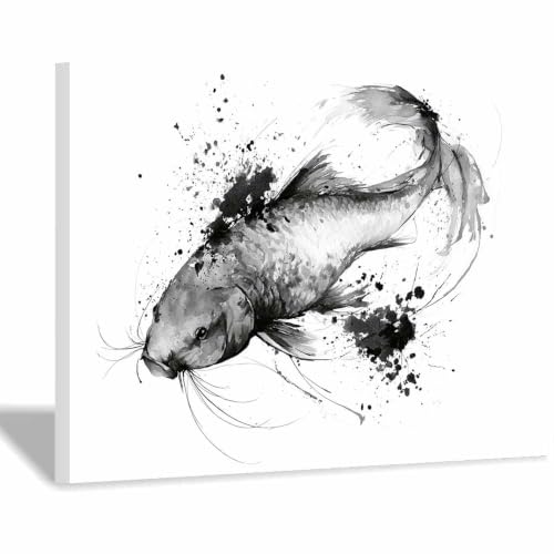 Tableau toile decoration murale salon affiche noir et blanc monochrome koi