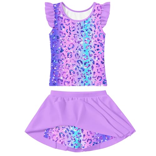 Image of Girls Swimsuit 2 Piece Ruffle Bathing Suit UPF 50+ Tankini Swimsuit Skirt with Lining Size 3-10