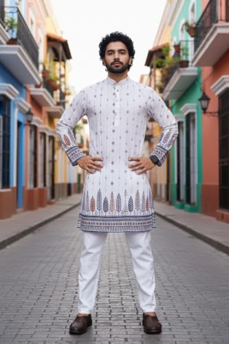 Image of Trustous Men's White Printed Kurta | Stylish Ethnic Wear Kurta for Men | Regular Fit Traditional Kurta | Festive, Wedding, Party & Casual Wear