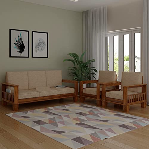 Image of Solid Sheesham Wooden Sofa Set for Living Room | Five Seater Sofa Set with Side Pocket Storage & Cushion | Rosewood Sofa Set for Home (Teak, 5 Seater)