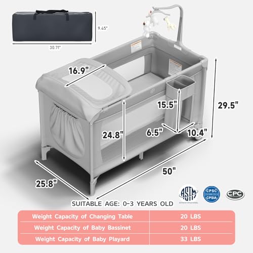 Image of 4 in 1 Pack and Play with Changing Table Diaper Organizer & Mattress, Foldable Baby Bassinet Bedside Sleeper, Portable Large Travel Crib Playpen for Newborn to Toddles (Grey)