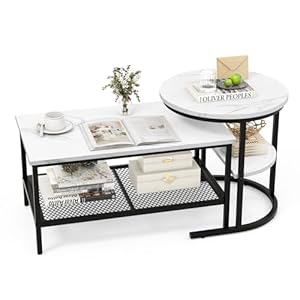 COSTWAY 2er Set Couchtisch, Beistelltisch Marmor Optik mit Metallrahmen & Ablage, Kaffeetisch Wohnzimmertisch Sofatisch für Wohnzimmer, Schlafzimmer (Weiß + Schwarz)