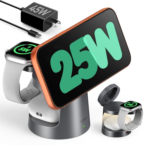 SODI 25W ワイヤレス充電器 3 in 1 充電スタンド ナイトライト付き 磁気吸着式 急速充電 iPhone対応 Apple Watch対応 (5W急速充電) /AirPods対応 25W公式認証 PDアダプター付属 出張・旅行・オフィス用 (スペースグレー)の商品画像（Amazon）