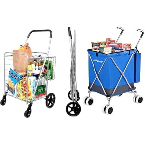 SUPENICE Grocery Utility Shopping Cart - Deluxe Folding Cart with Double Basket and 360° Rolling Swivel Wheels 66 lbs Utility Cart with Wide Cushion Handle Bar for Grocery Laundry Book Luggage Travel Cover