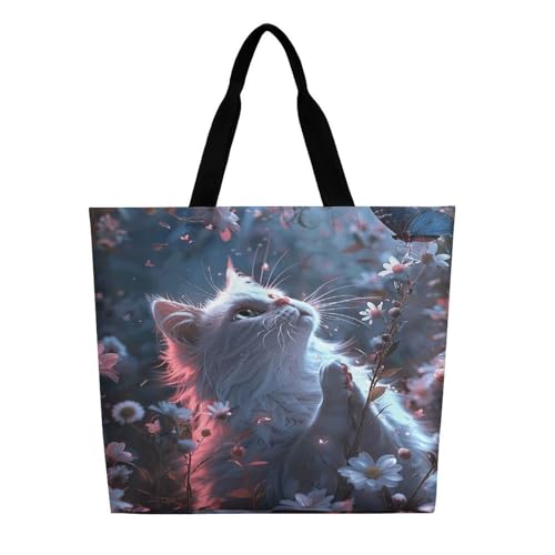 Women's Multi-Functional Shopping Bag，White Cat in Flowers Printing Messenger Bag Shoulder Bag for Travel, Work, Shopping & Parties with Inner Pocket, Grocery Bag Lightweight & Water-Resistant3