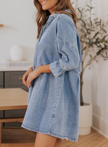 Sidefeel Womens Smocked 3 4 Sleeve Button Down Denim Jeans Dresses3